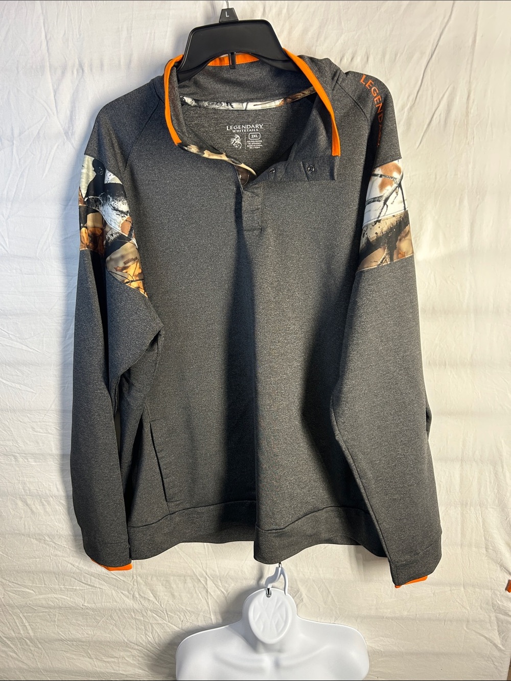 Legendary Whitetails Men’s Dark Gray Pullover with Orange Trim and Camo Accents